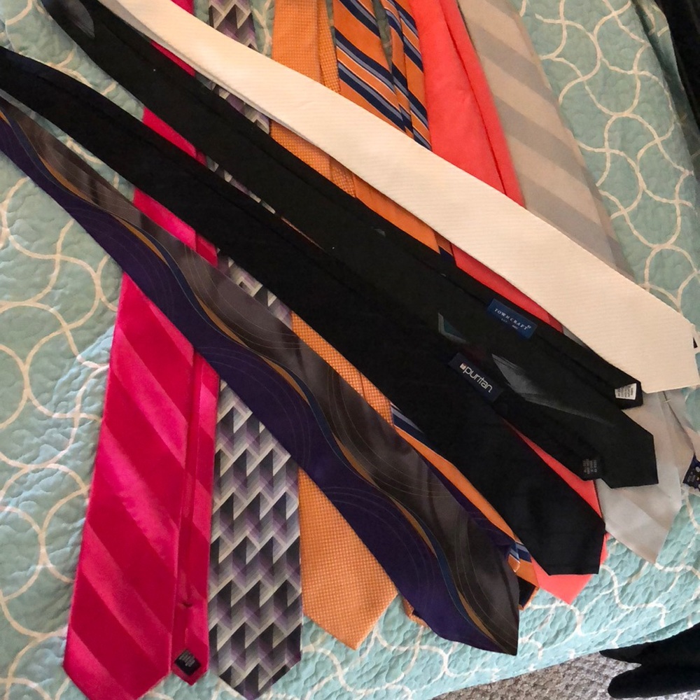 Ties. Salmon colored, white, orange, blue pink blk